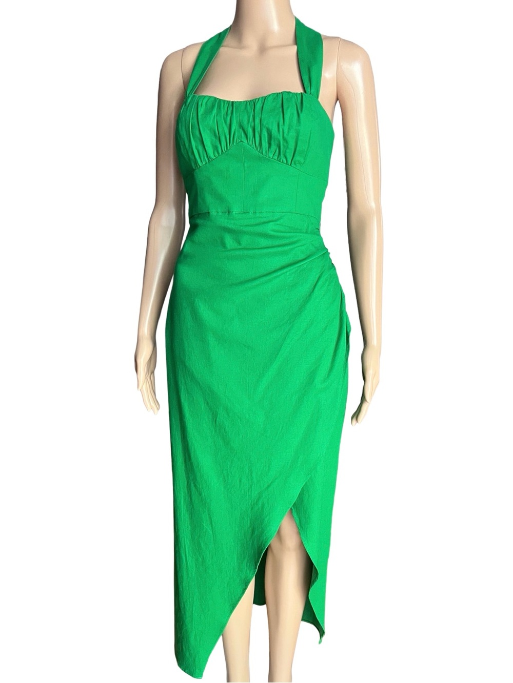 NTW Zara Kelly Green Linen Blend Halter Midi Dress XS